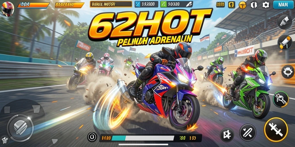 Tampilan gameplay balapan motor yang mendebarkan di 62HOT.