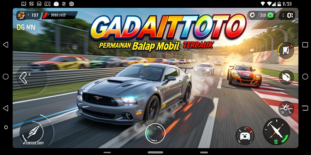 Screenshot utama GADAITOTO menampilkan balapan mobil yang seru dan intens.