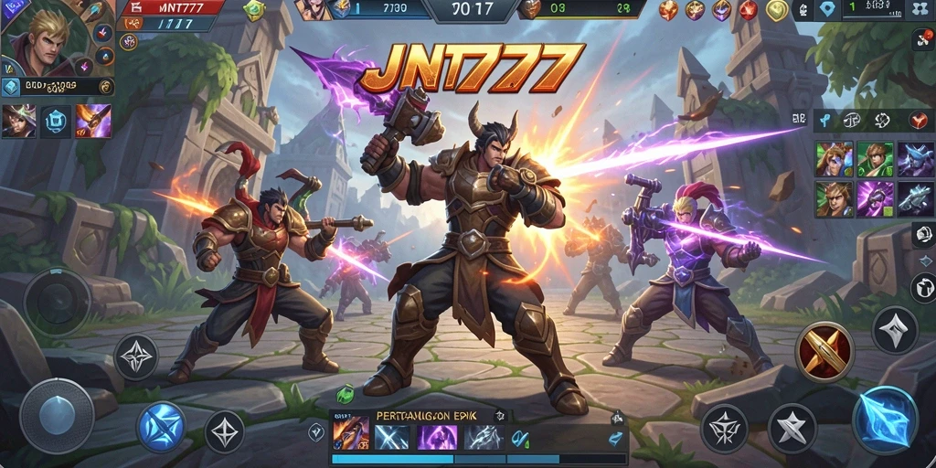 Screenshot utama JNT777 menampilkan aksi seru dalam permainan MOBA.