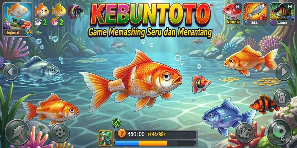 Tampilan gameplay KEBUNTOTO saat menangkap ikan di danau.