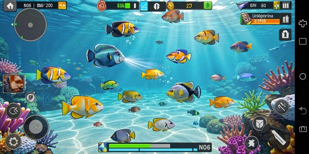 Tampilan gameplay N06 yang menampilkan aksi menembak ikan.