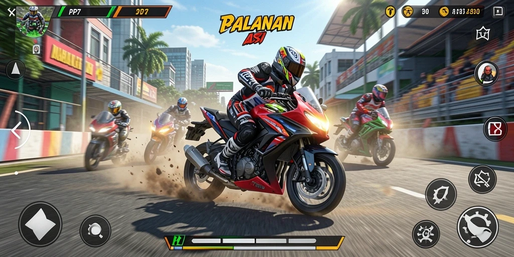 Tampilan gameplay yang mendebarkan dari PP7 saat balapan motor.