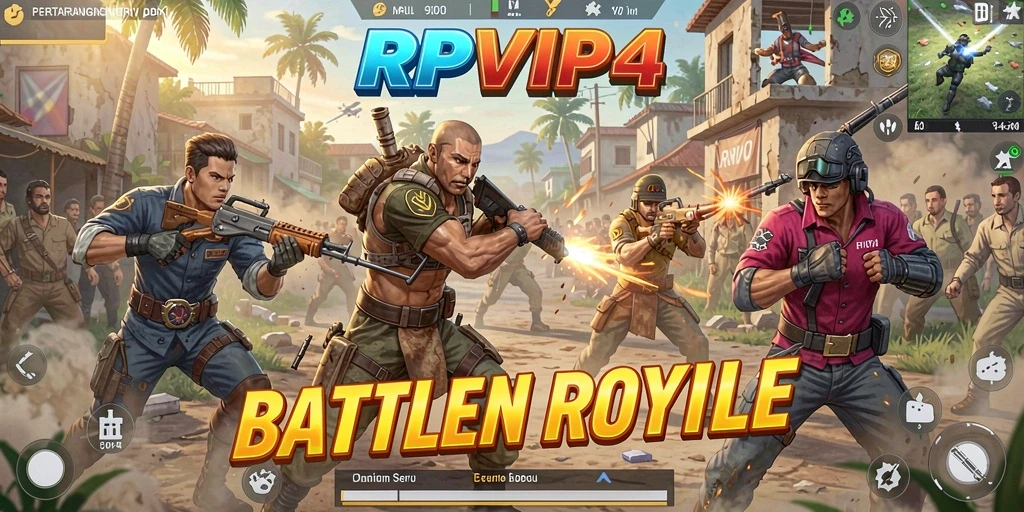 Screenshot gameplay RPVIP4 menunjukkan aksi Battle Royale yang mendebarkan.