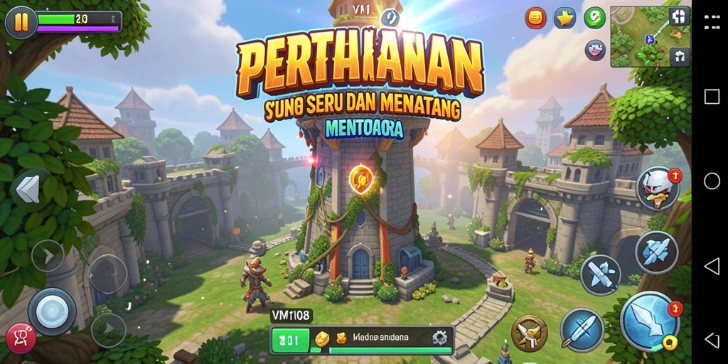 Tampilan seru gameplay Tower Defense di VM108.